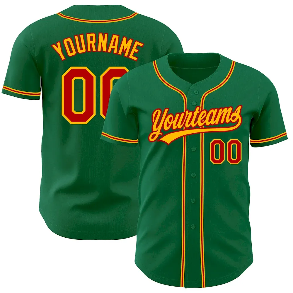 KellyGreen0345.webp Custom Kelly Green Red-Gold Authentic Baseball Jersey - Image 1