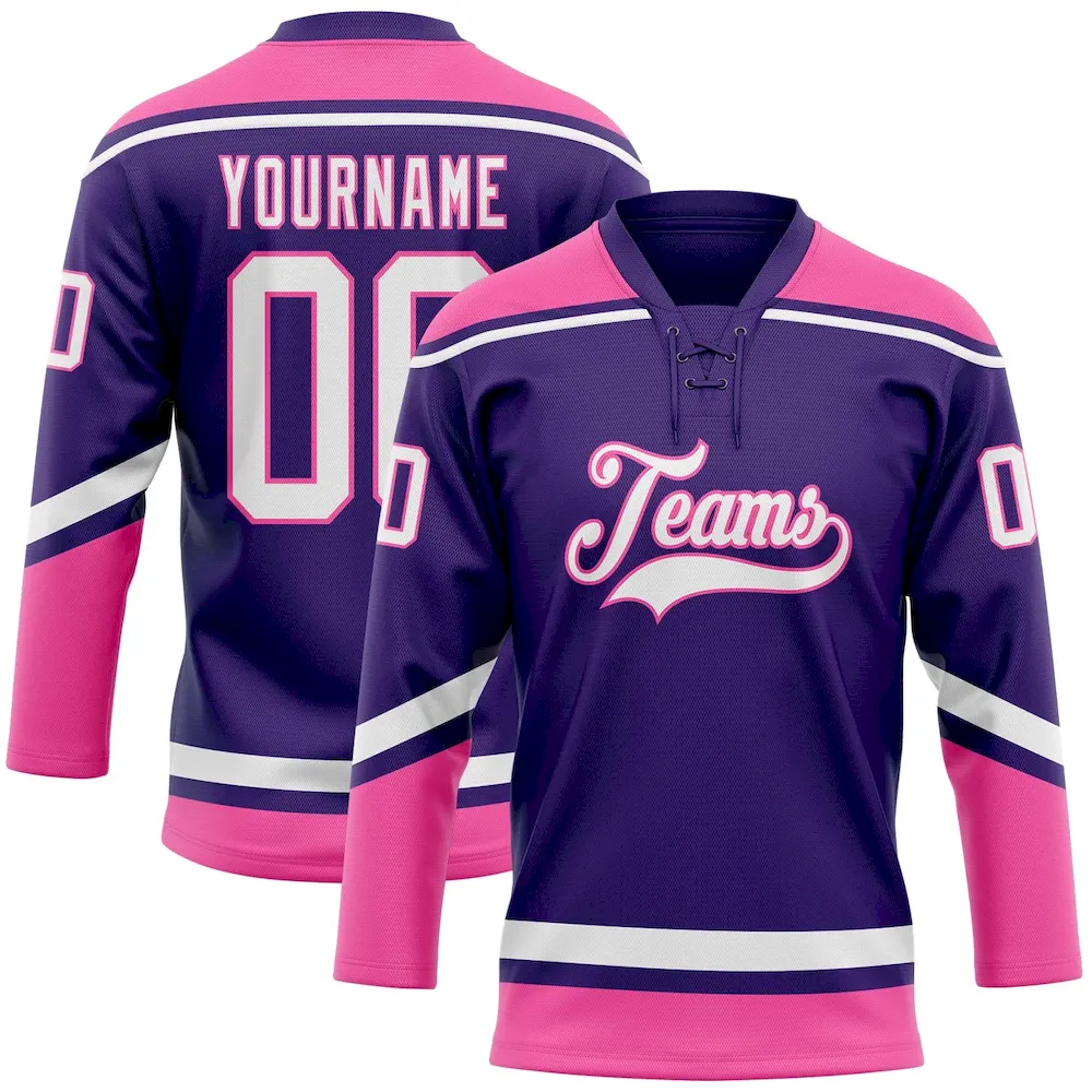 Purple0474.webp Custom Purple White-Pink Hockey Lace Neck Jersey - Image 1